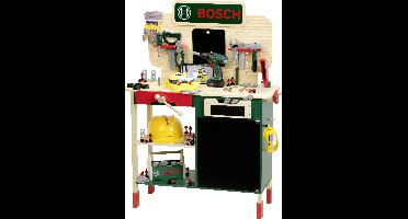 Theo Klein 8734 Bosch houten werkbank I robuuste kinderwerkbank, in hoogte verstelbaar I elektr. Accuschroevendraaier, gereedschap met licht en geluid I