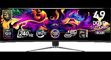 MSI MPG 491CQPXDE Gaming monitor Energielabel G (A - G) 124.5 cm (49 inch) 5120 x 1440 Pixel 32:9 0.03 ms DisplayPort, HDMI OLED