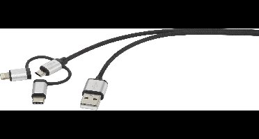 Renkforce RF3334580 USB-kabel USB 2.0 USB-A stekker, USB-C stekker, USB-micro-B stekker, Apple Lightning stekker 1.50 m Donkergrijs Gesleeved