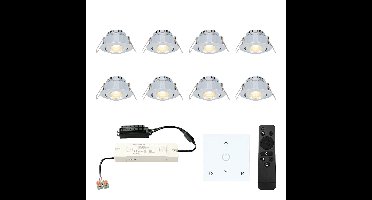 Set van 8 Granada LED Mini Inbouwspots met trafo en muurdimmer - 12 Volt 3 Watt 200 lumen - Dimbaar - Kantelbaar - Plat 35mm - 2700K - IP44 - RVS