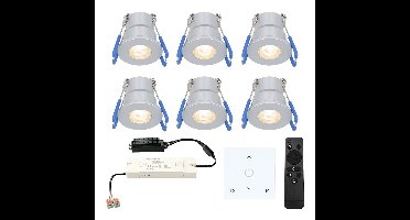 Set van 6 Milano LED Mini Inbouwspots met trafo en muurdimmer - 12 Volt 3 Watt 200 lumen - Dimbaar - Plat 34mm - 2700K - IP65 waterdicht - Grijs