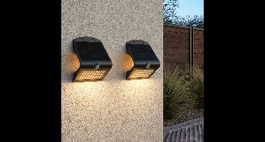 Set van 2 Rhodes Solar Wandlampen Up & Down - met Bewegingssensor - 4W - 3000K Warm wit - 2 lichtstanden - IP65 waterdicht - Wandlamp Schutting - Zwart