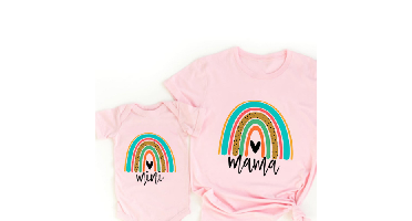 Mini Fashion™ - Mama&Dochter - Matchende Shirt&Romper Roze - Gekleurde Regenboog / Baby's 40 - (3-6 maanden) | Educatief Speelgoed