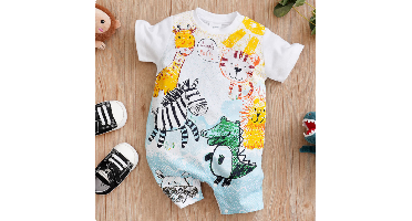 Mini Fashion™ - Comfort Voor Elke Nacht - Pyjama Bodysuit korte mouwen 80 (9-12 maanden) / Safari Vriendjes | Educatief Speelgoed