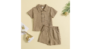Mini Fashion™ - Katoen Linnen Zomerset Jongens Koffie / 80 (0-6 maanden) | Educatief Speelgoed