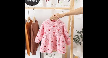 Mini Fashion™ - Lekker Warm - Fleece Jurk Roze - Rode Hartjes / 90 (2 jaar) | Educatief Speelgoed