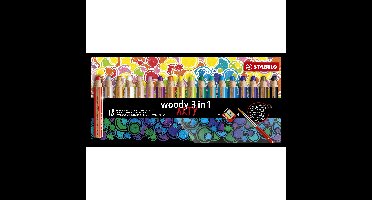 STABILO woody 3 in 1, multitalent kleurpotlood, ARTY etui 18 kleuren + puntenslijper + penseel