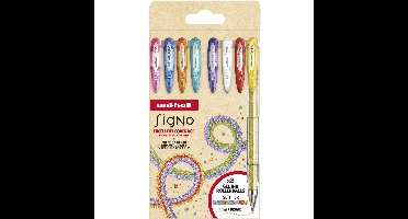 Uni-ball roller Signo Glitter, pointe large, geassorteerde kleuren, etui van 8 stuks
