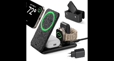 15W 3-in-1 Travel Wireless Charging Set (Bag Included) - Black - EU Plug