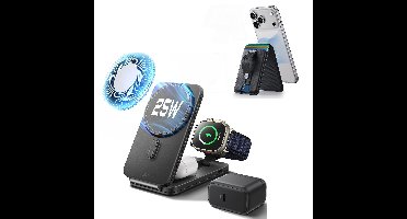 25W CryoBoost Foldable 3-in-1 Magnetic Charger and Wallet Stand Bundle - US Plug-Black