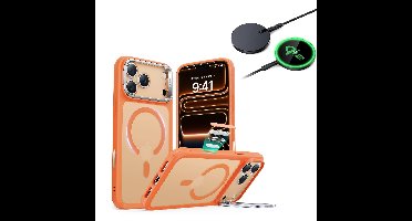iPhone 17 Pro Max Bundle Classic Hybrid Magnetic Case (Camera Control, Stash Stand) and Magnetic Charging Pad (Qi2) - Frosted Orange