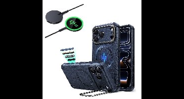 iPhone 17 Pro Max Bundle Cyber Tough Magnetic Case (Camera Control, Stash Stand) and Magnetic Charging Pad (Qi2) - Navy Blue