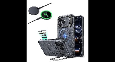 iPhone 17 Pro Max Bundle Cyber Tough Magnetic Case (Camera Control, Stash Stand) and Magnetic Charging Pad (Qi2) - Space Gray