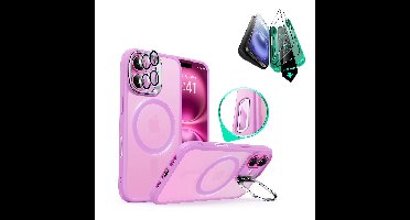 iPhone 16 Plus Classic Hybrid Magnetic Case Protection Bundle (Camera Control, Stash Stand) - Frosted Pink