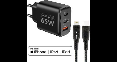 MOJOGEAR CHARGE+ 65W snellader voor iPhone & iPad met Lightning naar USB-C kabel 1,5 meter | iPhone snellader