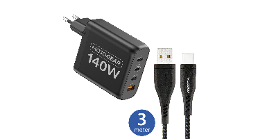 MOJOGEAR CHARGE+ 140 Watt oplader met USB naar USB-C kabel 3 meter