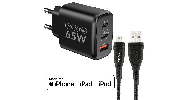 MOJOGEAR CHARGE+ 65W oplader voor iPhone & iPad met Lightning naar USB kabel 1,5 meter | iPhone snellader