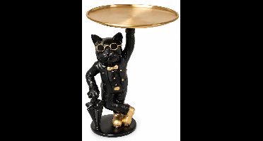 Decoratief beeldje Franse bulldog met gouden dienblad - zwart/goud 27 cm