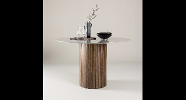 Nohr Ronde Eettafel Audrin Glas met marmerlook, 120cm - Bruin - Japandi