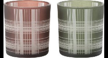Theelichthouder geruit glas mat bruin/groen s 7,3x7,3x8 cm 1 stuk Jolipa - Hortus