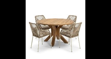 Genua/Seville beige dining tuinset | 4 personen | teakhout + touw | 120cm rond