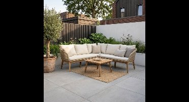 Bella hoek loungeset 5 personen | touw + hardhout | zand | 4-delig - 204x204cm