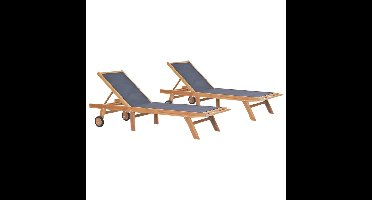 Ligbedden 2 st inklapbaar met wielen massief teakhout en textileen