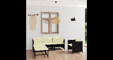 6-delige Loungeset met kussens poly rattan zwart