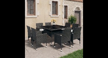 9-delige Tuinset poly rattan en glas zwart