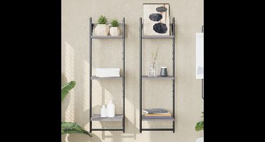 Wandschappen 3-laags met stangen 2 st 30x25x100 cm grijs sonoma