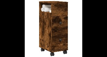 Badkamerkast smal met wielen bewerkt hout gerookt eikenkleurig