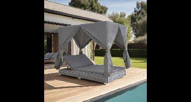 Loungebed met gordijnen poly rattan grijs