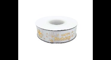 Satijnlint Happy Birthday Wit&Goud - 22 meter