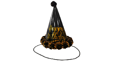 Feesthoed Happy Birthday Zwart/Goud + Pompoms