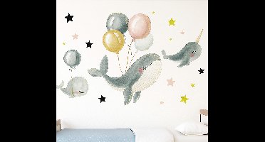 Blije walvissen met ballonnen fotobehang zelfklevend