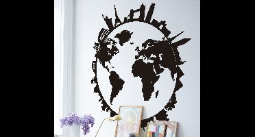 Muursticker wereldkaart met gebouwen