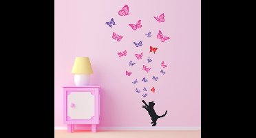 Sticker kat achtervolgt gekleurde vlinders