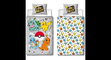 Omkeerbaar beddengoedset - POKEMON - Pikachu en Starter - Grijs - Microvezel - 1 dekbedovertrek 140 x 200 cm + 1 kussensloop 63 x 63 cm