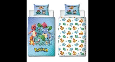 Omkeerbaar beddengoedset - POKEMON - Pikachu en Starter - Blauw - Microvezel - 1 dekbedovertrek 140 x 200 cm + 1 kussensloop 63 x 63 cm