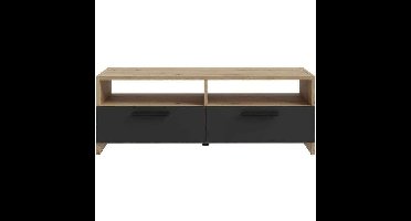 PILVI TV-meubel - Eigentijdse stijl - Eiken en Zwart decor - 2 kleppen + 2 nissen - L 95 x D 36 x H 34,5 cm