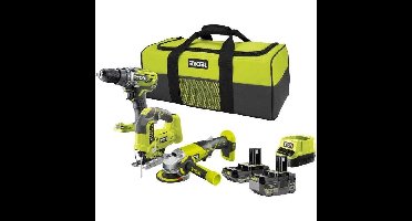 RYOBI 3 gereedschappen: 1 borstelloze boorschroevendraaier + 1 slijpmachine van 115 mm + 1 decoupeerzaag + 2 batterijen 4 Ah en 2 Ah + 1 oplader en 1 tas