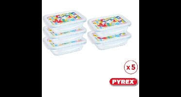Lunchbox - PYREX - Set van 5 glazen bakjes - Rechthoekig - Luchtdicht deksel - Abstract design - 0,80 L