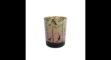 Theelichthouder Forest Hert in Bos Groen/Rood Glas 12.5x10x10cm