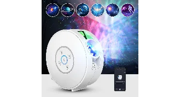 BlitzWill® BW-PLT2 Slimme Sterprojector met Sterren en Kleurrijke LED Nebula 6 Temafilm Dia's bluetooth Speaker Witte Ge
