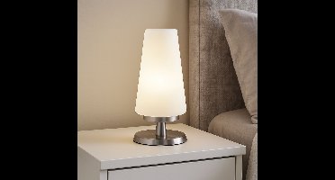 Nachtkast-lampje staal met wit glas– Touch tafellamp met LED lichtbron