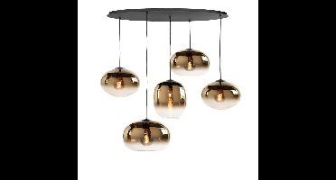 Zwarte ovale eettafellamp | 5 lichts | goud / amber / zwart | glas / metaal | in hoogte verstelbaar