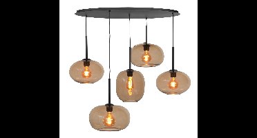 Ovale hanglamp Bellini 5 lichts amber | bruin / zwart | ovaal / niet spiegelend glas / metaal | in