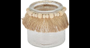 Windlicht glas met raffia en kralen 11cm