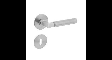 Deurkruk Baustil vastdraaibaar geveerd op ronde magneet rozet met sleutelplaatjes RVS