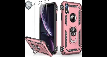 Telefoonhoesje Geschikt voor: iPhone XR hoesje Schokbestendige ring armor met 2X Glas Screenprotector rose goud